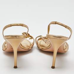 Pre Owned René Caovilla Metallic Gold Leather Crystal Embellished Slingback Sandals Size 39.5