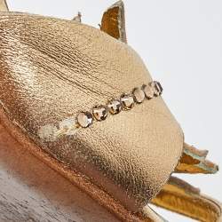 Pre Owned René Caovilla Metallic Gold Leather Crystal Embellished Slingback Sandals Size 39.5