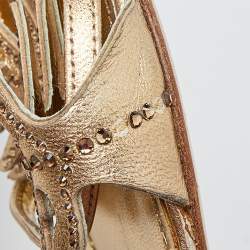 Pre Owned René Caovilla Metallic Gold Leather Crystal Embellished Slingback Sandals Size 39.5