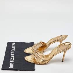 Pre Owned René Caovilla Metallic Gold Leather Crystal Embellished Slingback Sandals Size 39.5