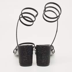 Pre Owned René Caovilla Black Satin Crystal Embellished Cleo Ankle Strap Sandals Size 38