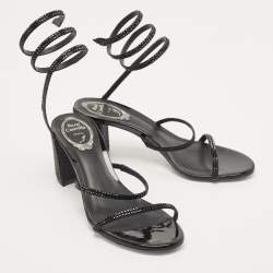 Pre Owned René Caovilla Black Satin Crystal Embellished Cleo Ankle Strap Sandals Size 38