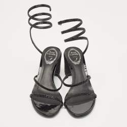 Pre Owned René Caovilla Black Satin Crystal Embellished Cleo Ankle Strap Sandals Size 38