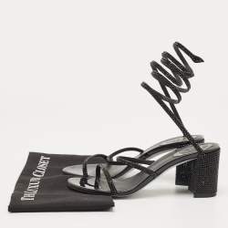 Pre Owned René Caovilla Black Satin Crystal Embellished Cleo Ankle Strap Sandals Size 38