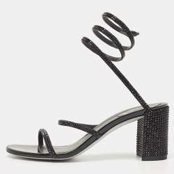 Pre Owned René Caovilla Black Satin Crystal Embellished Cleo Ankle Strap Sandals Size 38