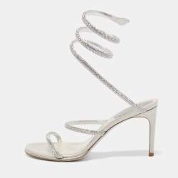 Pre Owned Rene Caovilla Silver Crystal Embellished Satin Cleo Sandals Size 37