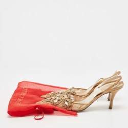 Rene Caovilla Brown Leather and Lace Crystal Embellished Slingback Pumps Size 38.5