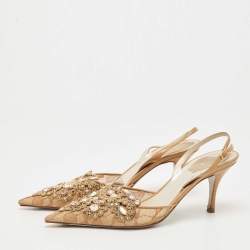 Rene Caovilla Brown Leather and Lace Crystal Embellished Slingback Pumps Size 38.5