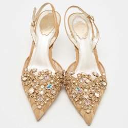 Rene Caovilla Brown Leather and Lace Crystal Embellished Slingback Pumps Size 38.5