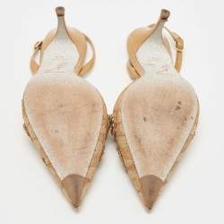 Rene Caovilla Brown Leather and Lace Crystal Embellished Slingback Pumps Size 38.5