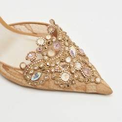 Rene Caovilla Brown Leather and Lace Crystal Embellished Slingback Pumps Size 38.5