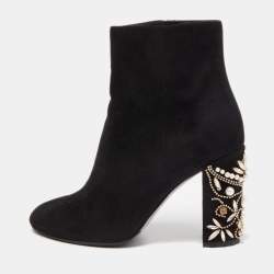 René Caovilla Black Suede Crystal Embellished Block Heel Ankle Booties Size 36.5