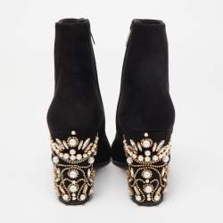René Caovilla Black Suede Crystal Embellished Block Heel Ankle Booties Size 36.5