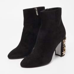 René Caovilla Black Suede Crystal Embellished Block Heel Ankle Booties Size 36.5