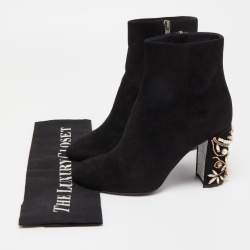 René Caovilla Black Suede Crystal Embellished Block Heel Ankle Booties Size 36.5