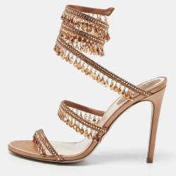 Pre Owned Rene Caovilla Beige Satin Crystal Embellished Chandelier Ankle Wrap Sandals Size 37