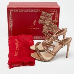 Pre Owned Rene Caovilla Beige Satin Crystal Embellished Chandelier Ankle Wrap Sandals Size 37