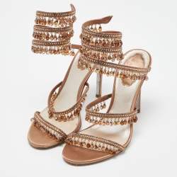 Pre Owned Rene Caovilla Beige Satin Crystal Embellished Chandelier Ankle Wrap Sandals Size 37
