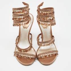 Pre Owned Rene Caovilla Beige Satin Crystal Embellished Chandelier Ankle Wrap Sandals Size 37