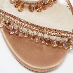 Pre Owned Rene Caovilla Beige Satin Crystal Embellished Chandelier Ankle Wrap Sandals Size 37
