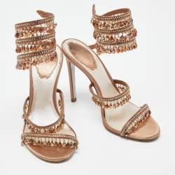 Pre Owned Rene Caovilla Beige Satin Crystal Embellished Chandelier Ankle Wrap Sandals Size 37