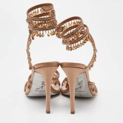 Pre Owned Rene Caovilla Beige Satin Crystal Embellished Chandelier Ankle Wrap Sandals Size 37