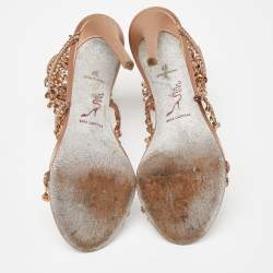 Pre Owned Rene Caovilla Beige Satin Crystal Embellished Chandelier Ankle Wrap Sandals Size 37