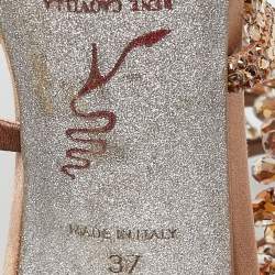 Pre Owned Rene Caovilla Beige Satin Crystal Embellished Chandelier Ankle Wrap Sandals Size 37