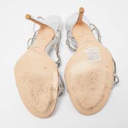 Pre Owned René Caovilla Silver Crystal Embellished Leather Slingback Sandals Size 39