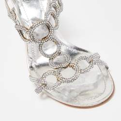 Pre Owned René Caovilla Silver Crystal Embellished Leather Slingback Sandals Size 39
