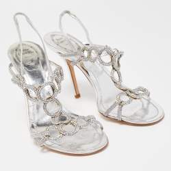 Pre Owned René Caovilla Silver Crystal Embellished Leather Slingback Sandals Size 39