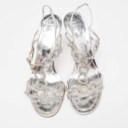 Pre Owned René Caovilla Silver Crystal Embellished Leather Slingback Sandals Size 39