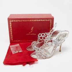 Pre Owned René Caovilla Silver Crystal Embellished Leather Slingback Sandals Size 39