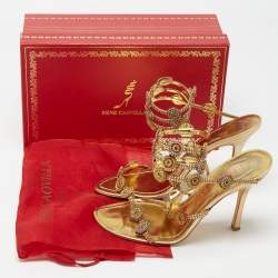 Pre Owned René Caovilla Gold Crystal Embellished Leather Strappy Ankle Wrap Sandals Size 38.5