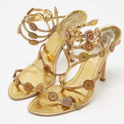 Pre Owned René Caovilla Gold Crystal Embellished Leather Strappy Ankle Wrap Sandals Size 38.5