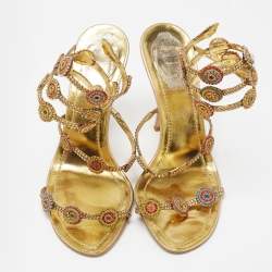 Pre Owned René Caovilla Gold Crystal Embellished Leather Strappy Ankle Wrap Sandals Size 38.5