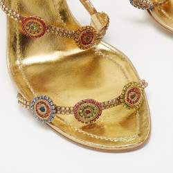 Pre Owned René Caovilla Gold Crystal Embellished Leather Strappy Ankle Wrap Sandals Size 38.5