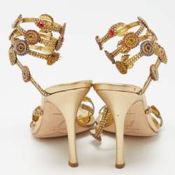 Pre Owned René Caovilla Gold Crystal Embellished Leather Strappy Ankle Wrap Sandals Size 38.5