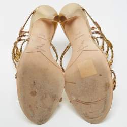 Pre Owned René Caovilla Gold Crystal Embellished Leather Strappy Ankle Wrap Sandals Size 38.5