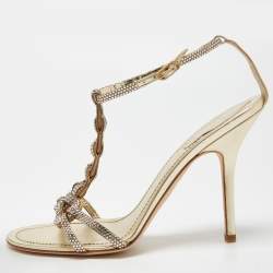Pre Owned René Caovilla Metallic Gold Crystal Embellished Leather Ankle Strap Sandals Size 38.5