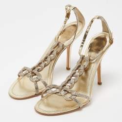 Pre Owned René Caovilla Metallic Gold Crystal Embellished Leather Ankle Strap Sandals Size 38.5