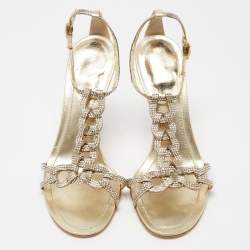 Pre Owned René Caovilla Metallic Gold Crystal Embellished Leather Ankle Strap Sandals Size 38.5