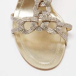 Pre Owned René Caovilla Metallic Gold Crystal Embellished Leather Ankle Strap Sandals Size 38.5