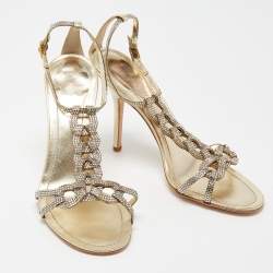 Pre Owned René Caovilla Metallic Gold Crystal Embellished Leather Ankle Strap Sandals Size 38.5