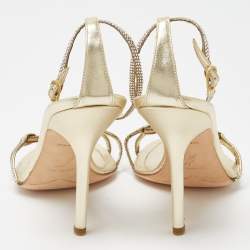 Pre Owned René Caovilla Metallic Gold Crystal Embellished Leather Ankle Strap Sandals Size 38.5