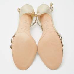 Pre Owned René Caovilla Metallic Gold Crystal Embellished Leather Ankle Strap Sandals Size 38.5