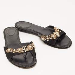 Rene Caovilla Black Suede Crystal Embellished Flat Slides Size 40