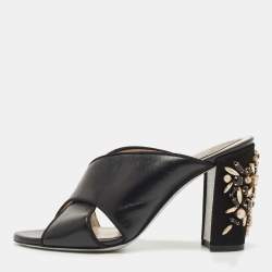 Pre Owned Rene Caovilla Black Leather and Suede Crystal Embellished Block Heel Sandals Size 37