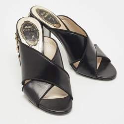 Pre Owned Rene Caovilla Black Leather and Suede Crystal Embellished Block Heel Sandals Size 37