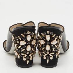 Pre Owned Rene Caovilla Black Leather and Suede Crystal Embellished Block Heel Sandals Size 37